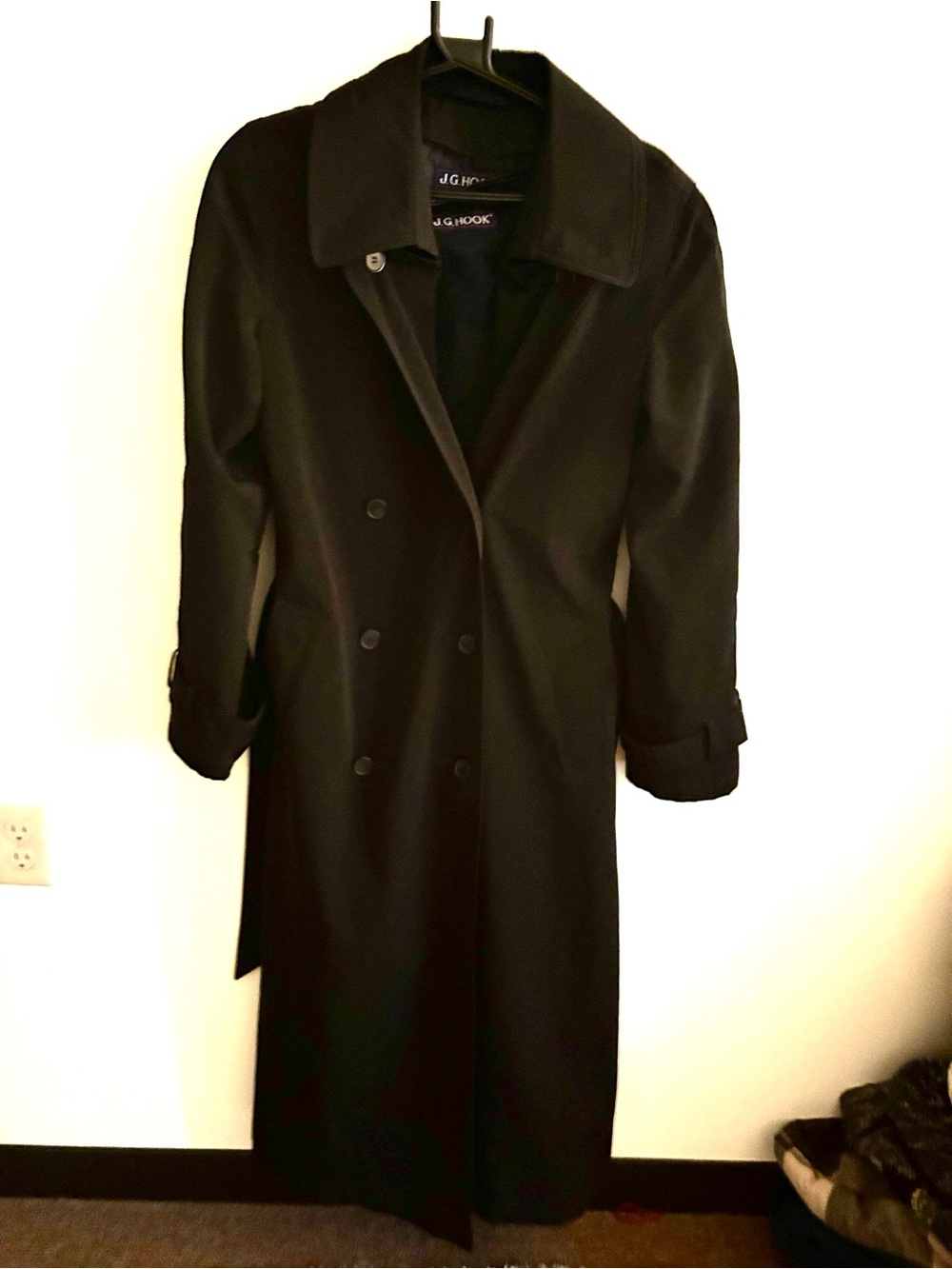 Vintage 80's 90's J.G. Hook 8 Black Double Breasted Maxi Trench Coat